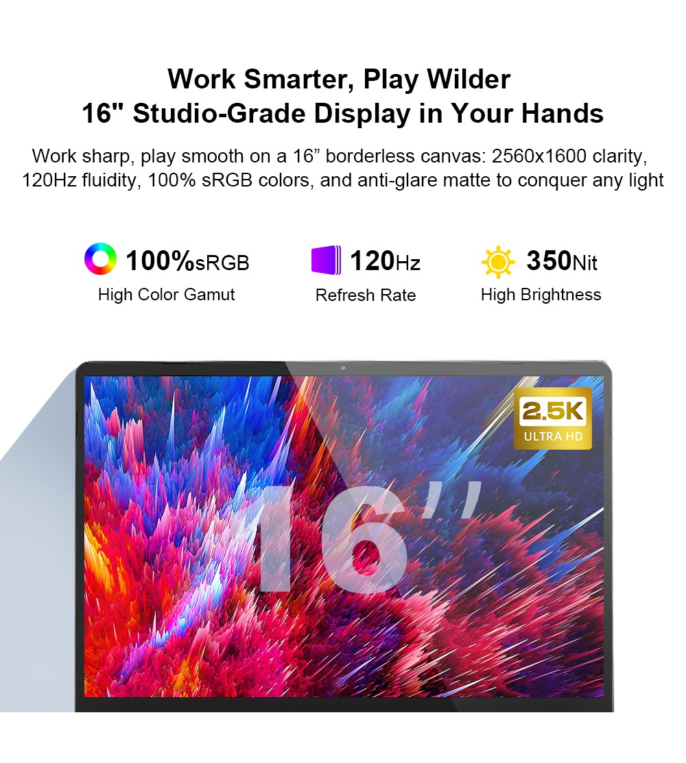 Ninkear A15 Pro Ordinateur portable, écran 16 pouces 2560 x 1600, taux de rafraîchissement de 120 Hz, AMD Ryzen 5 7430U, 16 Go de RAM, 1 To de SSD, 2 ports Type-C complets, 3 ports USB 3.0, 1 port HDMI, 1 carte Micro SD, 1 port audio
