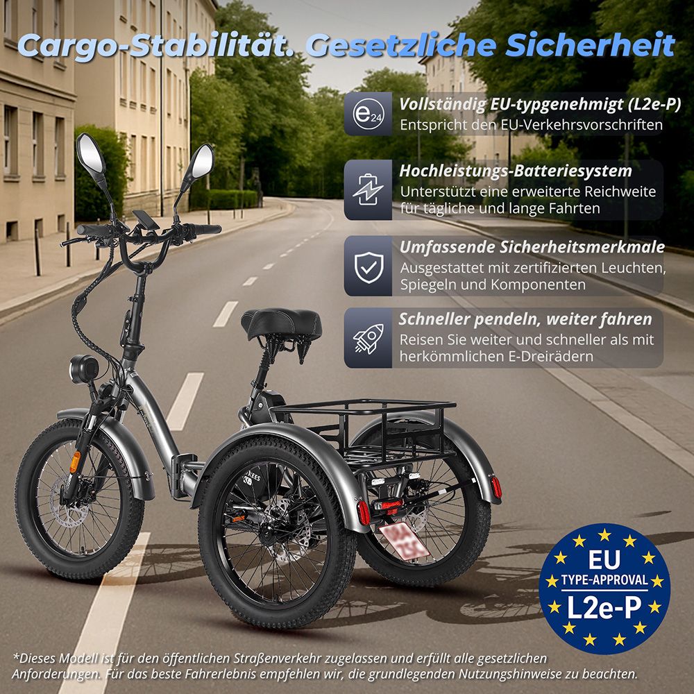 Fafrees F20 Mate Elektrisches Lastendreirad EU L1e-B Zertifizierte Version, 500W Motor, 48V 21Ah Batterie, 20*3 Zoll Reifen, 30km/h Maximalgeschwindigkeit, 115km Maximalreichweite, Hydraulische Scheibenbremse, Dreifach-Federungssystem, LCD-Display - Grau