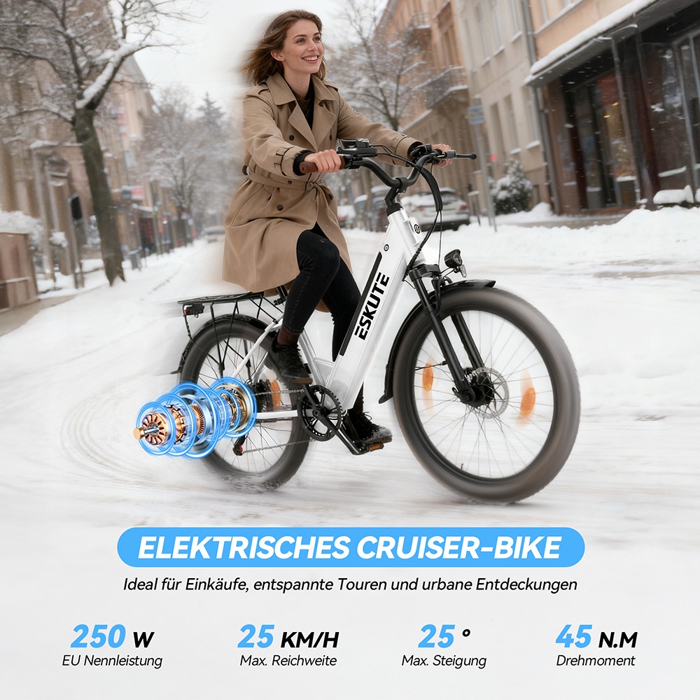 ESKUTE C100 Plus Elektrofahrrad, 250W Motor, 36V 13Ah Batterie, 26 Zoll Reifen, 25 km/h Höchstgeschwindigkeit, 100 km Reichweite, Shimano 7-Gang, LCD-Display - Weiß