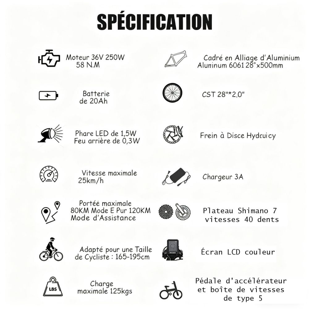 TTGO C3 Pro Vélo électrique, moteur 250W, batterie 36V 20Ah, pneus de 28 pouces, vitesse maximale de 25 km/h, autonomie maximale de 120 km, frein à disque hydraulique, fourche à suspension, capteur de couple, Shimano 7 vitesses, écran LCD - Noir