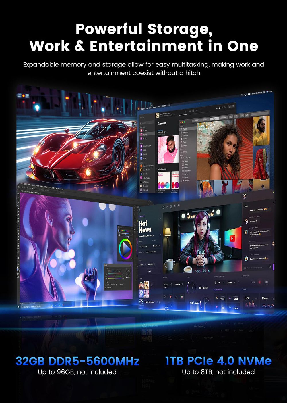 MINIX ER936-AI Mini-PC, AMD Ryzen AI 9 365 (10 Kerne, max. 5,0 GHz), 32 GB DDR5-RAM, 1 TB SSD, HDMI + DP + 2 x USB-C Quad-Screen-Display, WLAN 6E, Bluetooth 5.2, Dual-2,5G-RJ45, 3 x USB 3.2, 1 x Audioanschluss