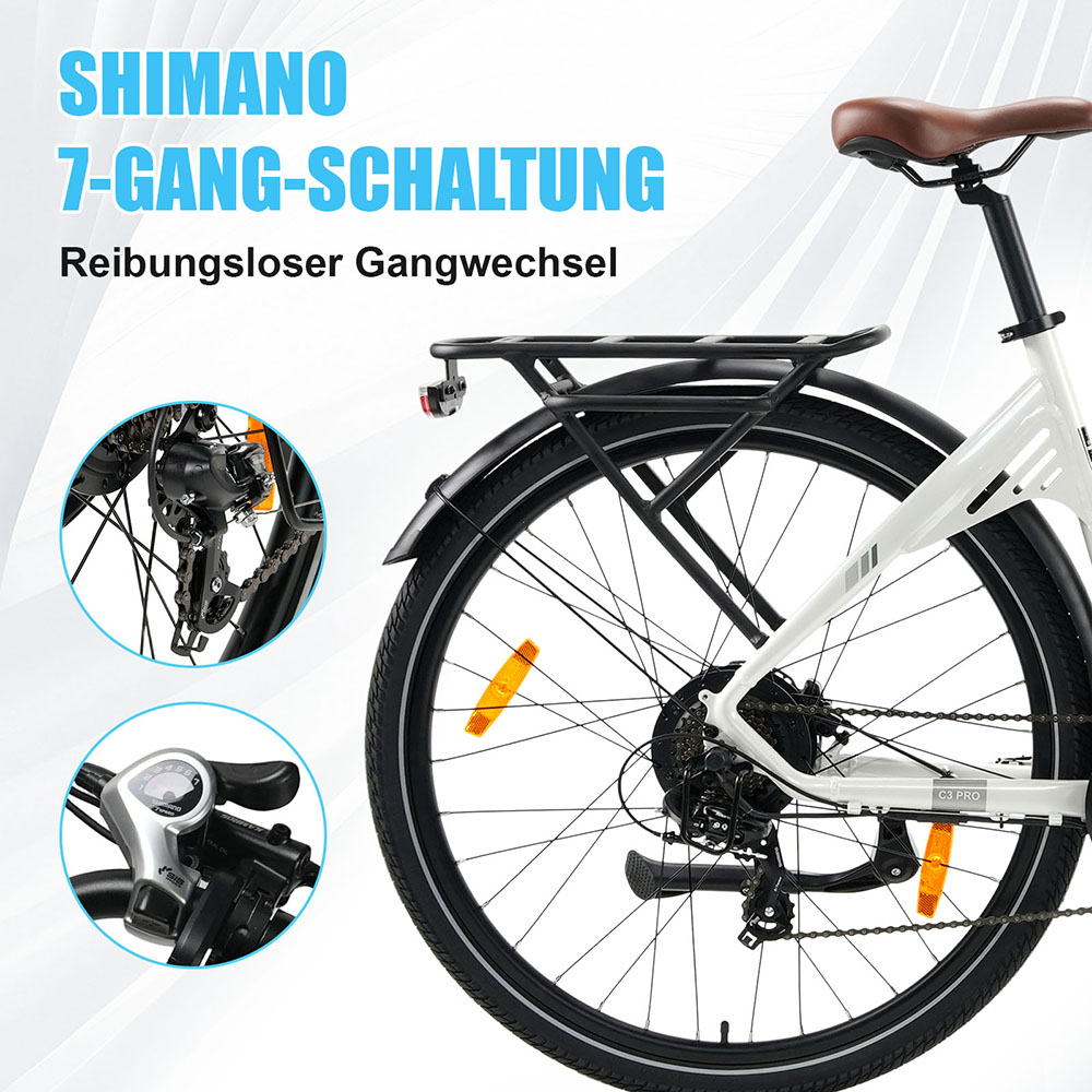 TTGO C3 Pro Elektrofahrrad, 250W Motor, 36V 20Ah Batterie, 28 Zoll Reifen, 25 km/h Höchstgeschwindigkeit, 120 km maximale Reichweite, hydraulische Scheibenbremse, Federgabel, Drehmomentsensor, Shimano 7-Gang, LCD-Display - Weiß