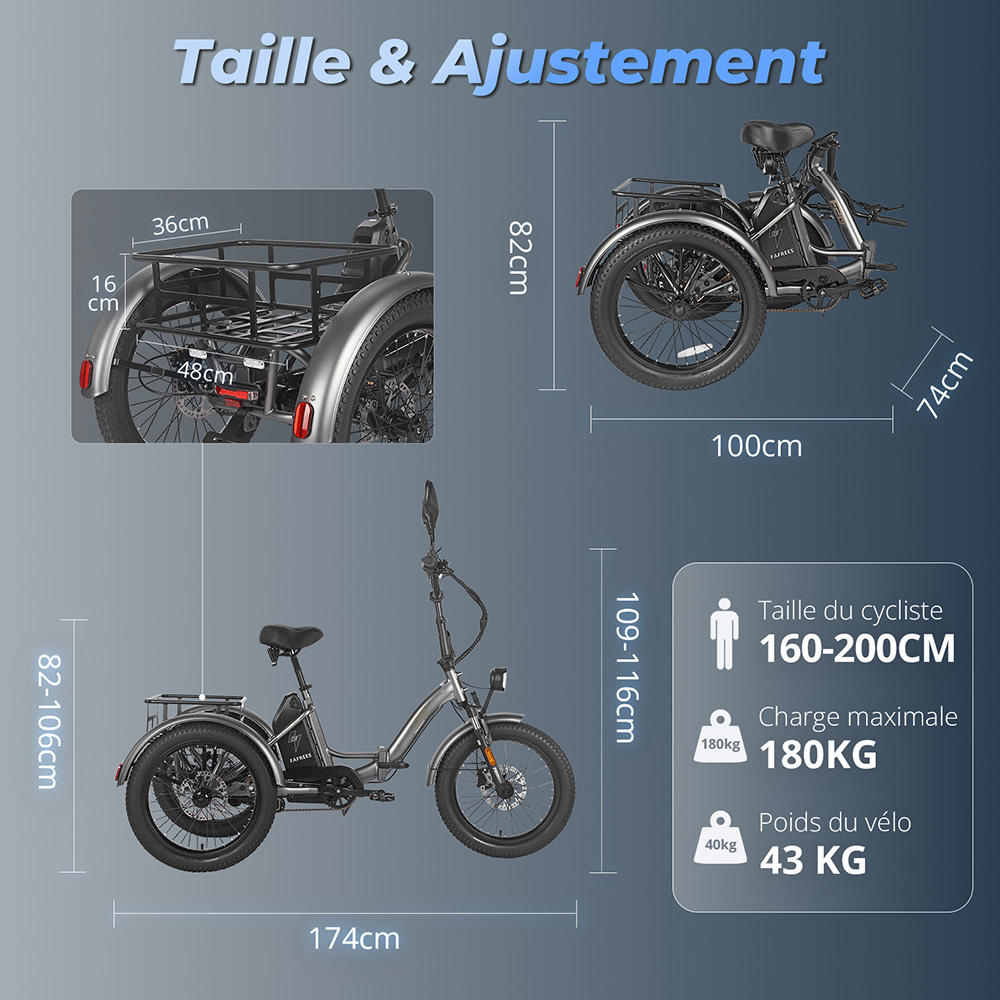 Fafrees F20 Mate Tricycle cargo électrique version certifiée EU L1e-B, moteur 500W, batterie 48V 21Ah, pneus 20*3 pouces, vitesse maximale 30 km/h, autonomie maximale 115 km, frein à disque hydraulique, système de suspension triple, écran LCD - Bleu