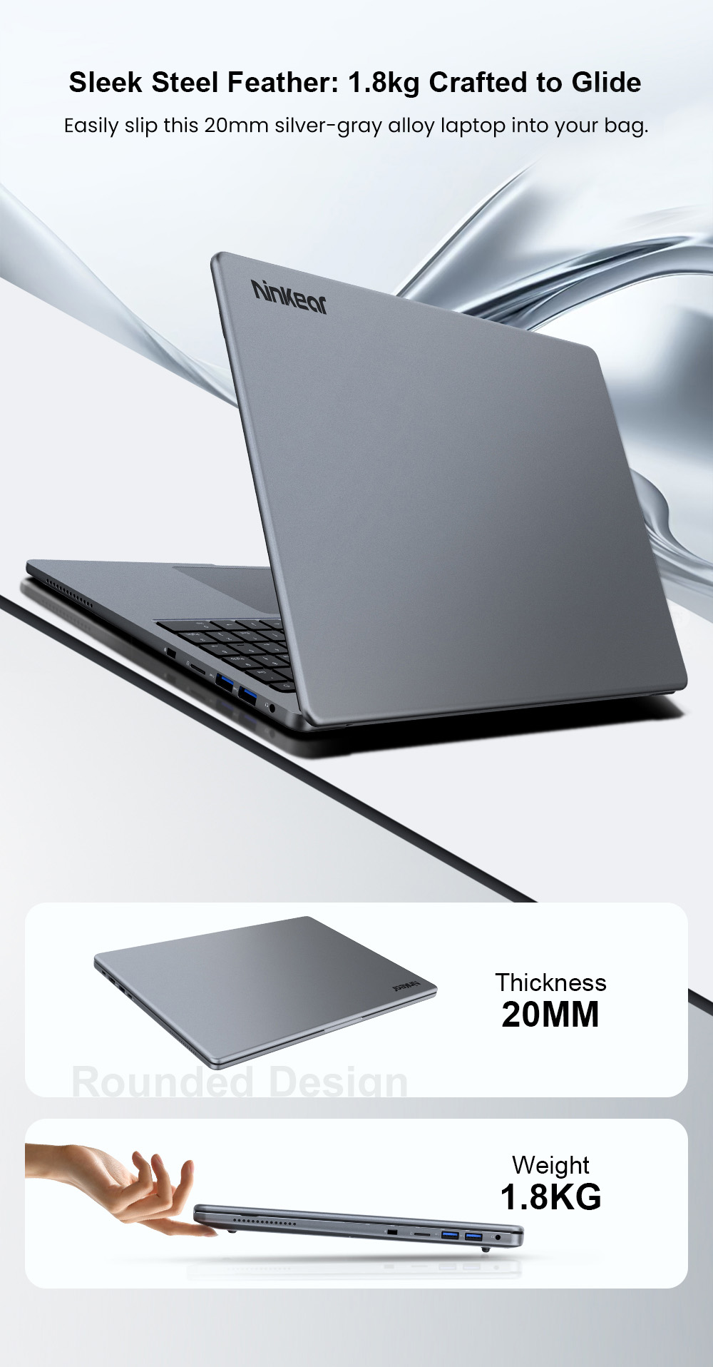 Ninkear A15 Pro Laptop, 16 Zoll 2560 x 1600 Bildschirm, 120 Hz Bildwiederholfrequenz, AMD Ryzen 5 7430U 6 Kerne Max 4,3 GHz, 16 GB RAM 1 TB SSD, WiFi6 Bluetooth 5.2, Fingerabdruck-Entsperrung, Tastatur mit Hintergrundbeleuchtung, 2 voll ausgestattete Typ-C, 3 * USB 3.0, 1 * HDMI, 1 * Micro-SD-Karte, 1 * Audio