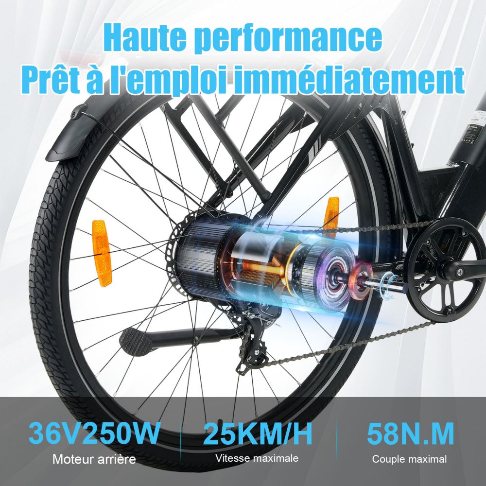 TTGO C3 Pro Vélo électrique, moteur 250W, batterie 36V 20Ah, pneus de 28 pouces, vitesse maximale de 25 km/h, autonomie maximale de 120 km, frein à disque hydraulique, fourche à suspension, capteur de couple, Shimano 7 vitesses, écran LCD - Noir