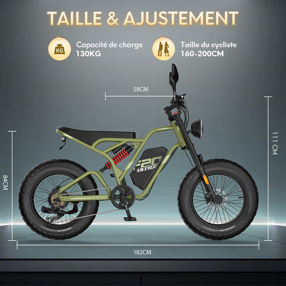 Fafrees F20 Ultra Vélo électrique version certifiée EU L1e-B, moteur 750W, batterie 48V 25Ah, pneus 20*5 pouces, vitesse maximale 45km/h, autonomie maximale 140km, freins à disque hydrauliques, suspension hydraulique, Shimano 7 vitesses - Noir
