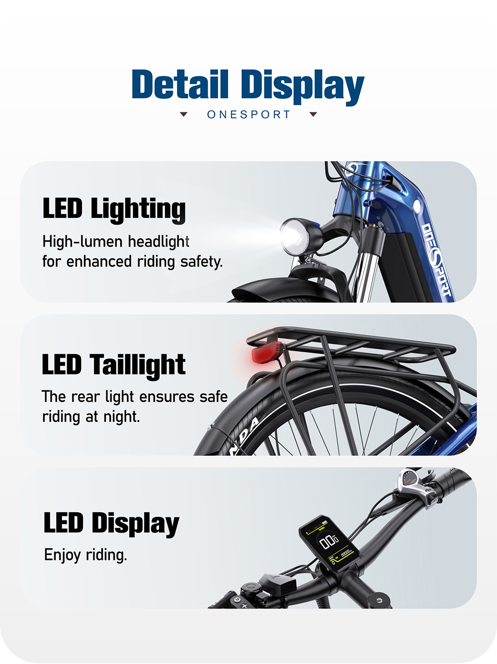 Vélo électrique Onesport OT05 27,5" Cadre en aluminium Batterie 36V 18,2Ah Moteur ANANDA 250W Capteur de couple 25km/h Shimano 7 vitesses 60-120KM Portée maximale Disque à huile Charge maximale 100kg - Bleu profond