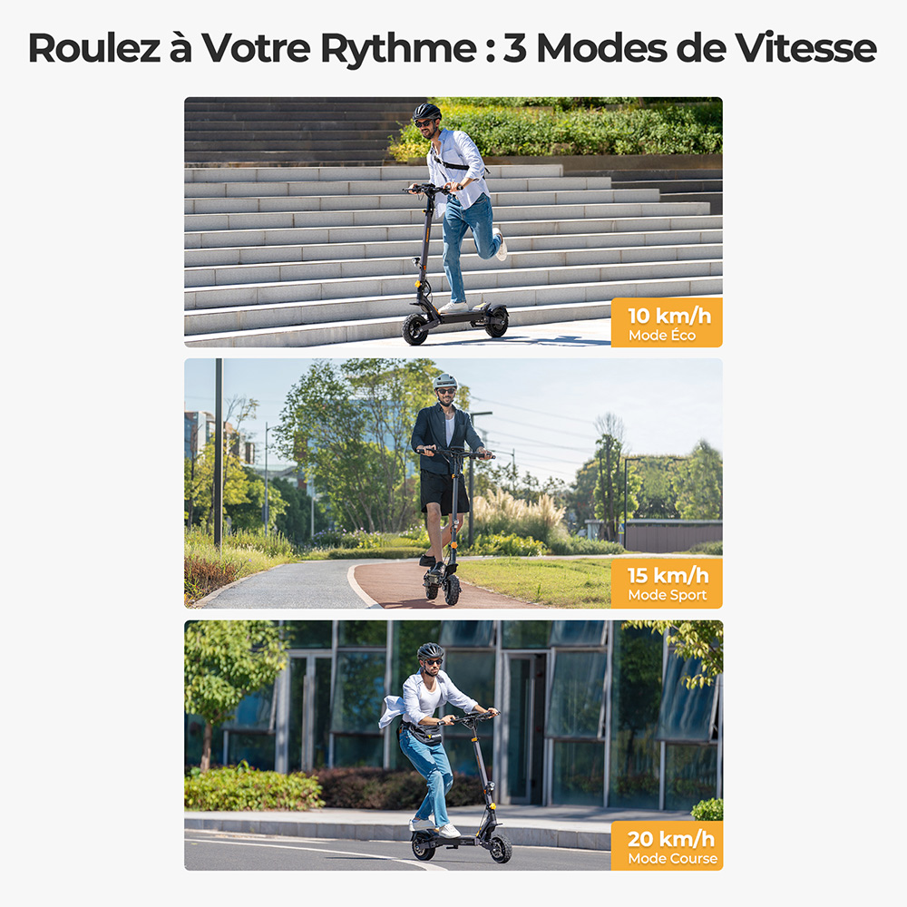 Ausom L1 (version ABE) Trottinette &eacute;lectrique, moteur 500 W, batterie 48 V 20,8 Ah, pneus 10 pouces, vitesse maximale 20 km/h, autonomie 90 km, freins &agrave; disque avant et arri&egrave;re, suspension &agrave; bras oscillant, d&eacute;verrouillage NFC et par code.