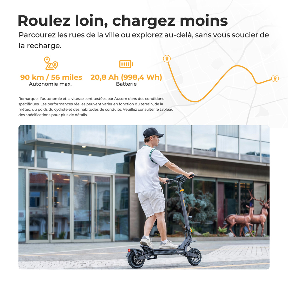 Ausom L1 Max Trottinette &eacute;lectrique, moteur 1000 W, batterie 48 V 20,8 Ah, pneus 10 pouces, vitesse maximale 50 km/h, autonomie 90 km, double frein &agrave; disque, suspension &agrave; ressort &agrave; bras oscillant, d&eacute;verrouillage NFC et par code