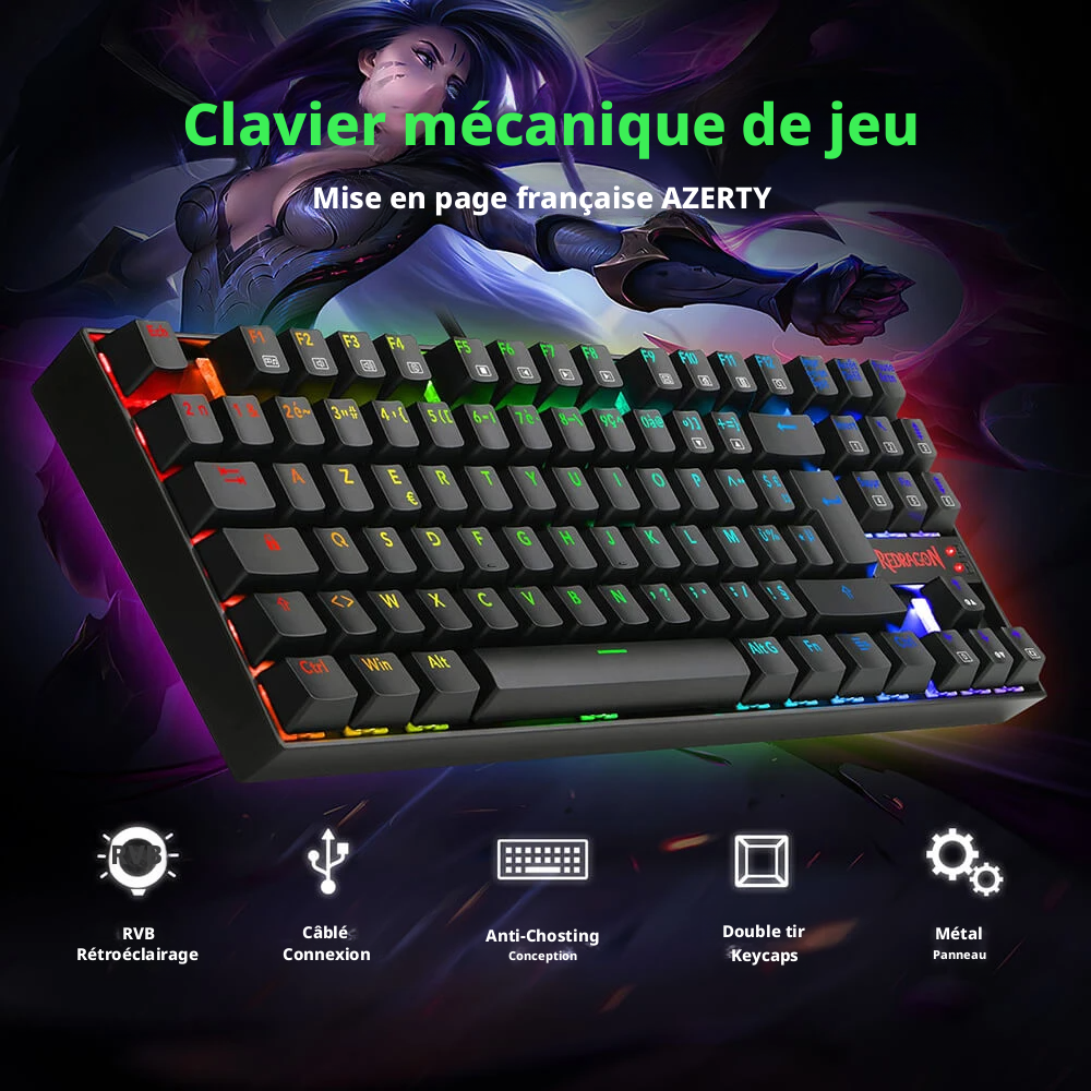 Redragon K552P-KR-FR Clavier mécanique TKL avec rétroéclairage RGB, compact, 88 touches, disposition AZERTY FR, interrupteur rouge - Noir
