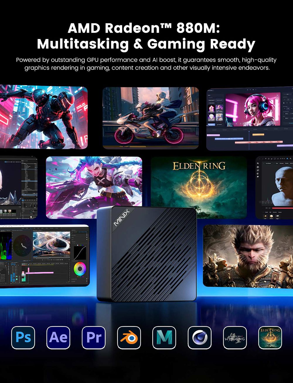 MINIX ER936-AI Mini PC, processeur AMD Ryzen AI 9 365 &agrave; 10 c&oelig;urs (jusqu'&agrave; 5 GHz), 32 Go de RAM DDR5, SSD de 1 To, affichage quadruple (HDMI + DP + 2 ports USB-C), Wi-Fi 6E, Bluetooth 5.2, double port RJ45 2,5 GHz, 3 ports USB 3.2, 1 prise audio