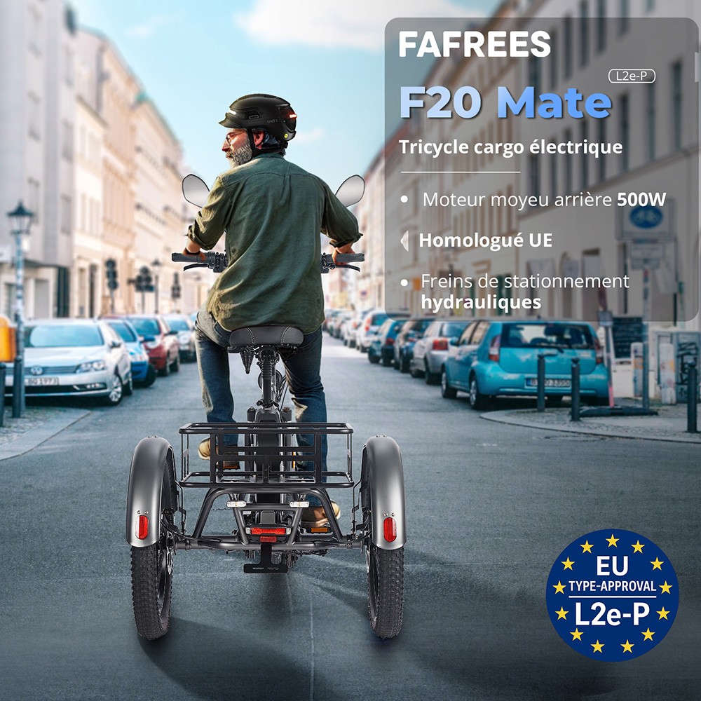 Fafrees F20 Mate Tricycle cargo électrique version certifiée EU L1e-B, moteur 500W, batterie 48V 21Ah, pneus 20*3 pouces, vitesse maximale 30 km/h, autonomie maximale 115 km, frein à disque hydraulique, système de suspension triple, écran LCD - Bleu