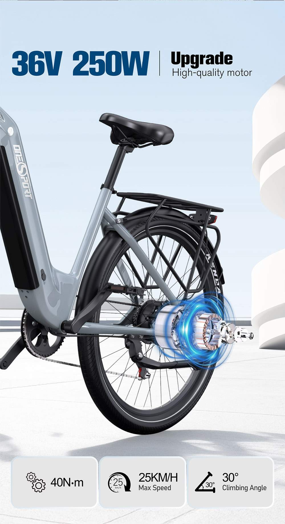 ONESPORT OT05 Vélo électrique, 27,5" Cadre en aluminium, Batterie 36V 18,2Ah, 25km/h, Moteur ANANDA 250W, Capteur de couple Shimano 7 vitesses, 60-120KM Portée maximale, Disque à huile, Charge maximale 100kg - Bleu Gris