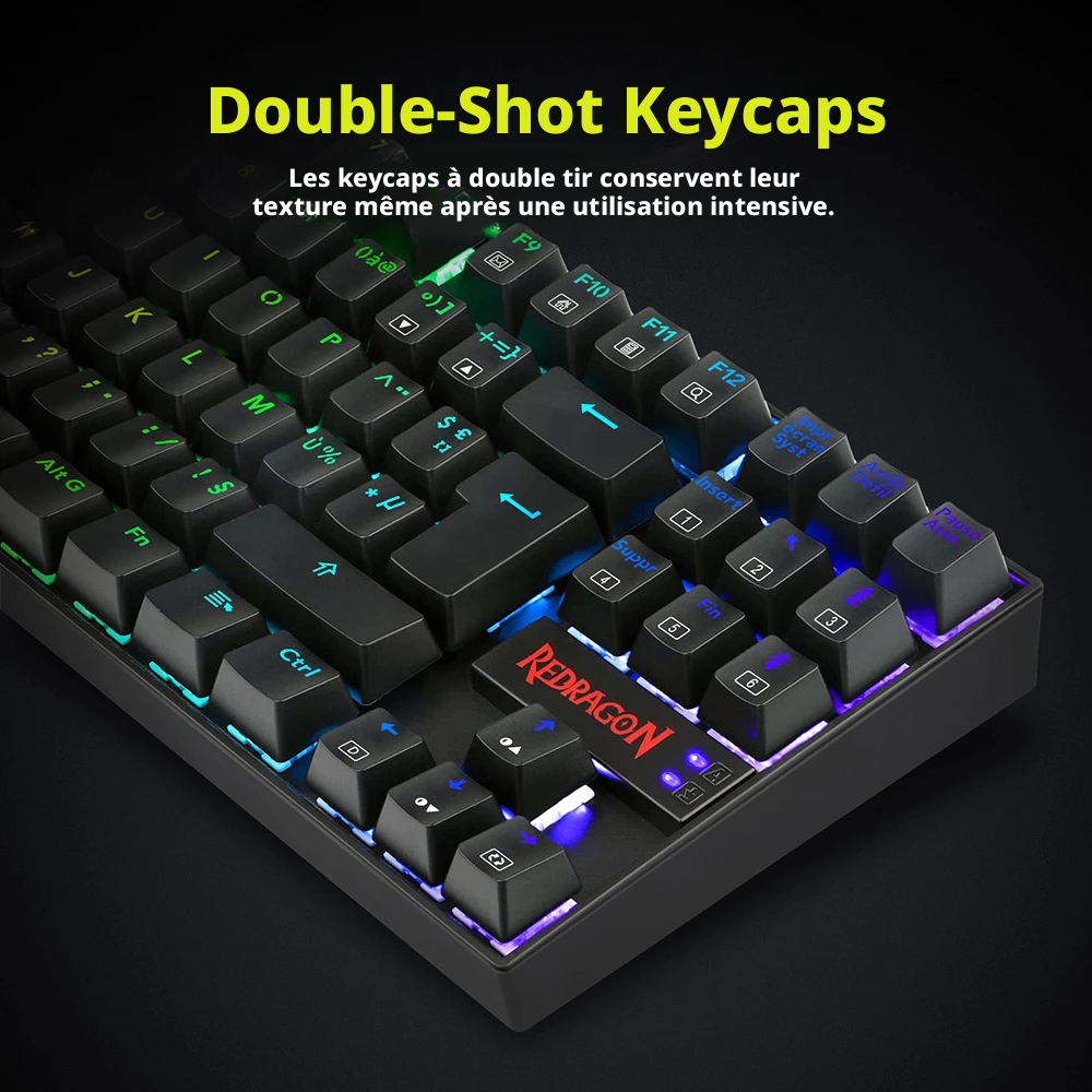 Redragon K552P-KR-FR Clavier mécanique TKL avec rétroéclairage RGB, compact, 88 touches, disposition AZERTY FR, interrupteur rouge - Noir