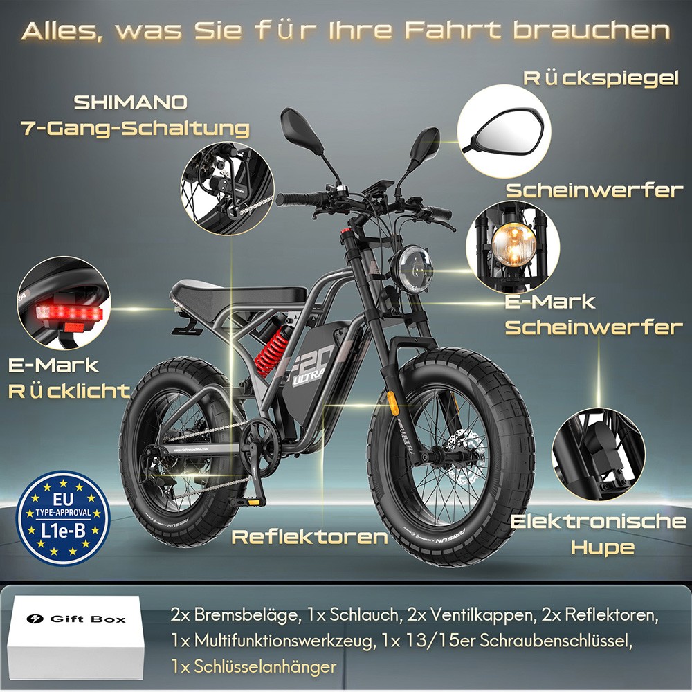 Fafrees F20 Ultra Elektrofahrrad EU L1e-B Zertifizierte Version, 750W Motor, 48V 25Ah Batterie, 20*5 Zoll Reifen, 45km/h Maximalgeschwindigkeit, 140km Maximalreichweite, Hydraulische Scheibenbremsen, Hydraulische Federung, LCD-Display, Shimano 7-Gang - Schwarz
