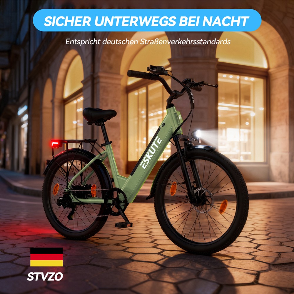 ESKUTE C100 Plus Elektrofahrrad, 250W Motor, 36V 13Ah Batterie, 26 Zoll Reifen, 25 km/h Höchstgeschwindigkeit, 100 km Reichweite, Shimano 7-Gang, LCD-Display - Grün