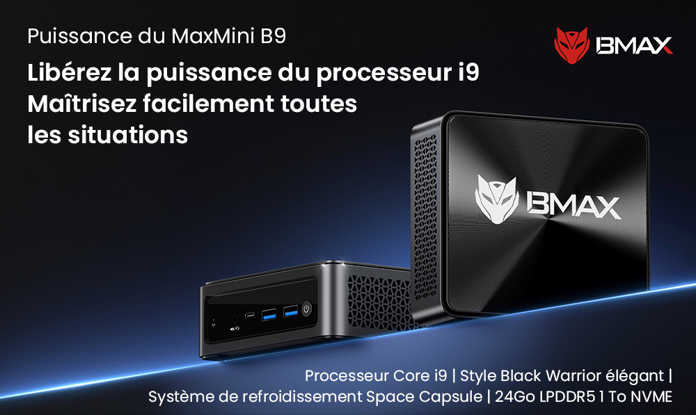 BMAX B9 Power Mini PC, Intel Core i9-12900H 14 c&oelig;urs Max 5,0 GHz, 32 Go de RAM 1 To SSD, DP+HDMI+Type-C Triple &eacute;cran 4K, prise en charge HDR dynamique, WiFi 6 Bluetooth 5.2, 2*USB 3.2 2*USB 2.0 1*RJ45 1*prise casque 3,5 mm