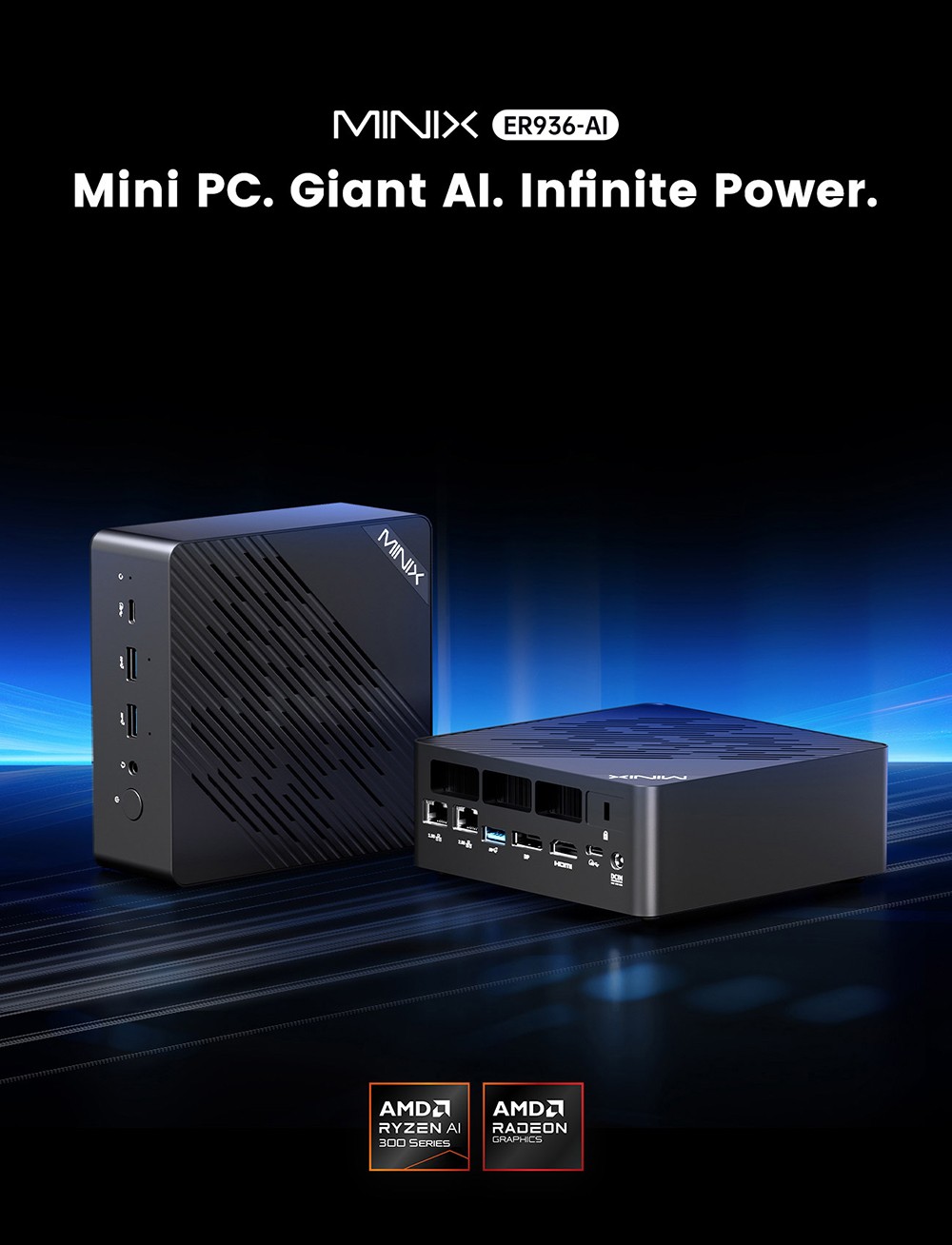 MINIX ER936-AI Mini PC, processeur AMD Ryzen AI 9 365 &agrave; 10 c&oelig;urs (jusqu'&agrave; 5 GHz), 32 Go de RAM DDR5, SSD de 1 To, affichage quadruple (HDMI + DP + 2 ports USB-C), Wi-Fi 6E, Bluetooth 5.2, double port RJ45 2,5 GHz, 3 ports USB 3.2, 1 prise audio