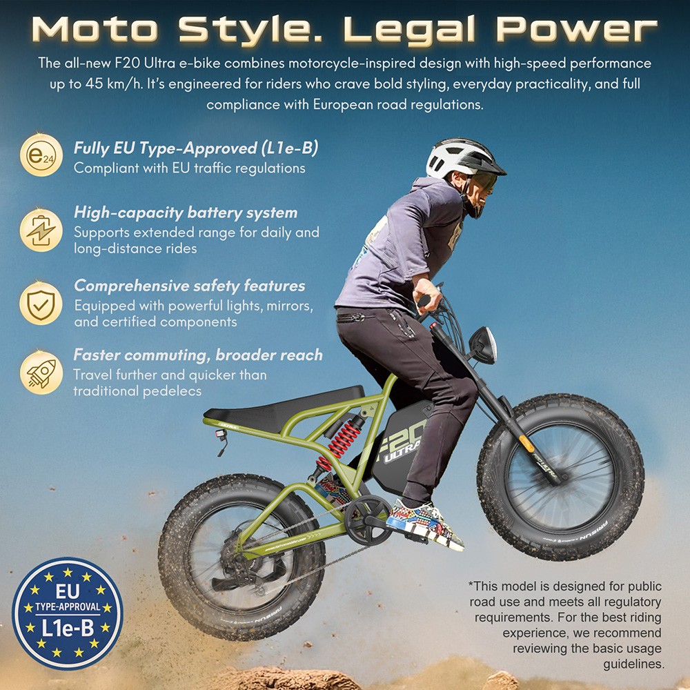 Fafrees F20 Ultra Electric Bike EU L1e-B Certified Version, 750W motor, 48V 25Ah batéria, 20*5 palcové pneumatiky, max. rýchlosť 45 km/h, max. dojazd 140 km, hydraulické kotúčové brzdy, hydraulické odpruženie, LCD displej, Shimano 7 rýchlostí - čierna