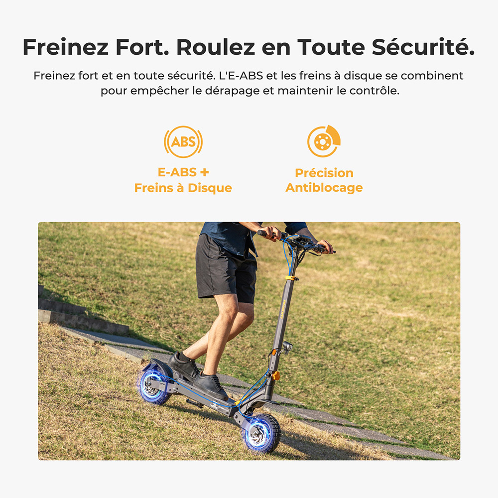 Ausom L1 (version ABE) Trottinette &eacute;lectrique, moteur 500 W, batterie 48 V 20,8 Ah, pneus 10 pouces, vitesse maximale 20 km/h, autonomie 90 km, freins &agrave; disque avant et arri&egrave;re, suspension &agrave; bras oscillant, d&eacute;verrouillage NFC et par code.
