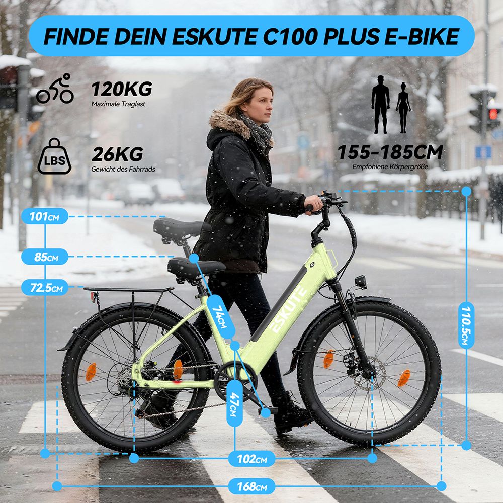 ESKUTE C100 Plus Elektrofahrrad, 250W Motor, 36V 13Ah Batterie, 26 Zoll Reifen, 25 km/h Höchstgeschwindigkeit, 100 km Reichweite, Shimano 7-Gang, LCD-Display - Grün