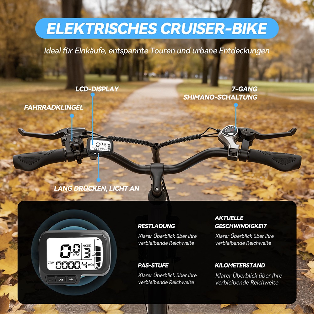 ESKUTE C100 Plus Elektrofahrrad, 250W Motor, 36V 13Ah Batterie, 26 Zoll Reifen, 25 km/h Höchstgeschwindigkeit, 100 km Reichweite, Shimano 7-Gang, LCD-Display - Weiß