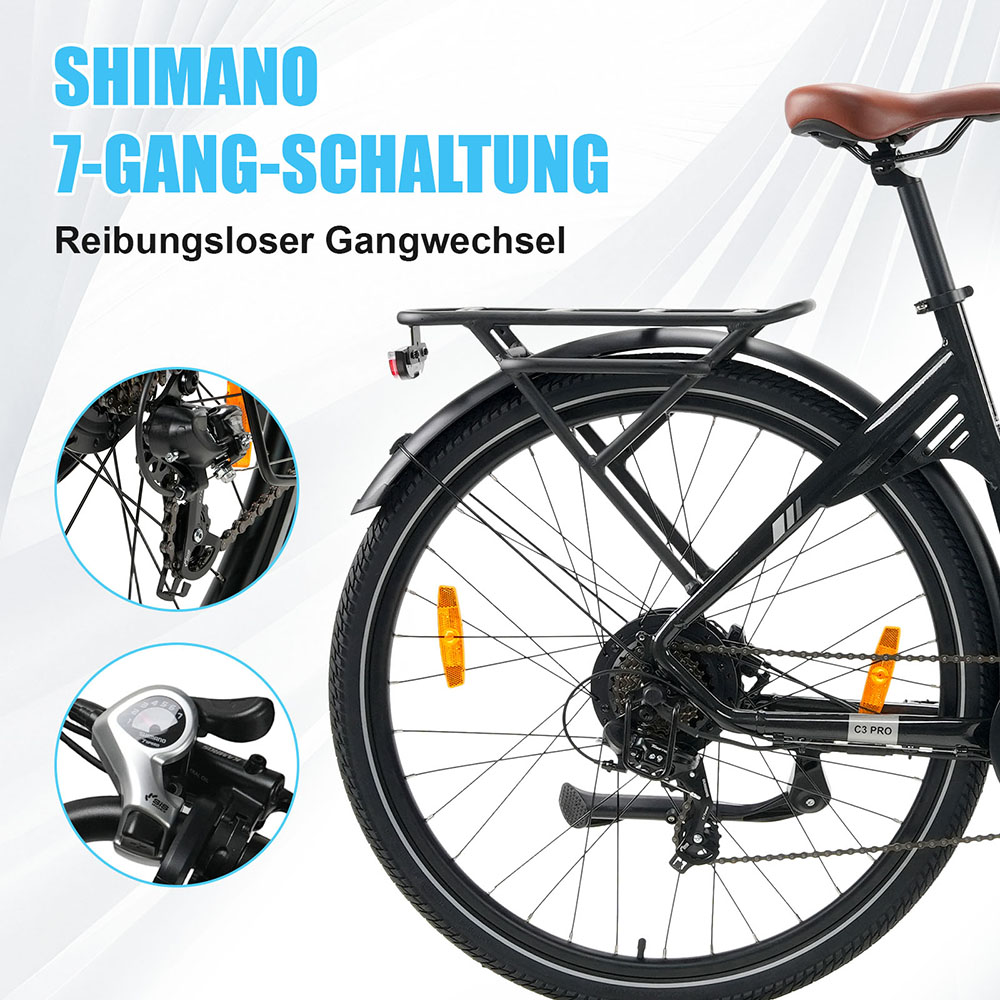 TTGO C3 Pro Elektrofahrrad, 250W Motor, 36V 20Ah Batterie, 28 Zoll Reifen, 25 km/h Höchstgeschwindigkeit, 120 km maximale Reichweite, hydraulische Scheibenbremse, Federgabel, Drehmomentsensor, Shimano 7-Gang, LCD-Display - Schwarz