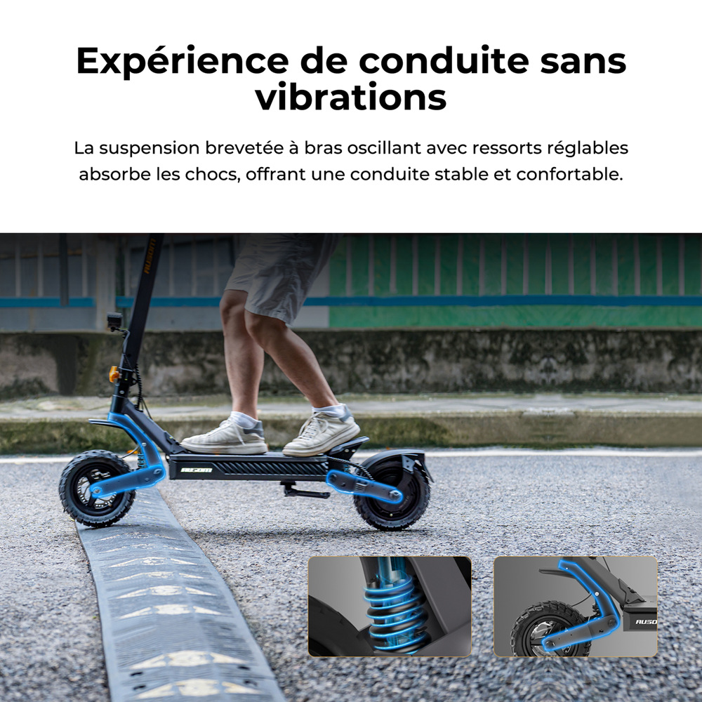 Ausom L1 Max Trottinette &eacute;lectrique, moteur 1000 W, batterie 48 V 20,8 Ah, pneus 10 pouces, vitesse maximale 50 km/h, autonomie 90 km, double frein &agrave; disque, suspension &agrave; ressort &agrave; bras oscillant, d&eacute;verrouillage NFC et par code
