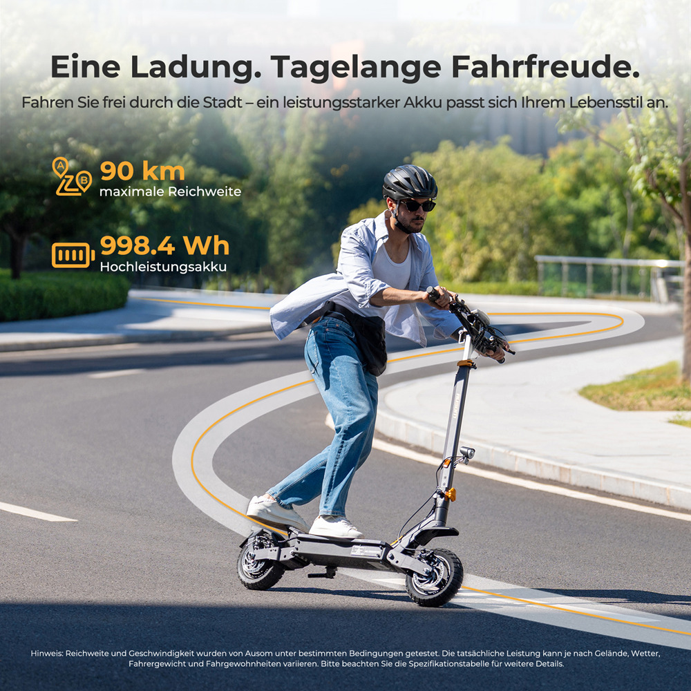 Ausom L1 Elektroroller ABE-Version, 500-W-Motor, 48-V-20,8-Ah-Akku, 10-Zoll-Reifen, 20 km/h H&ouml;chstgeschwindigkeit, 90 km Reichweite, Scheibenbremsen vorne und hinten, Schwingarmfederung, NFC- und Passcode-Entsperrung