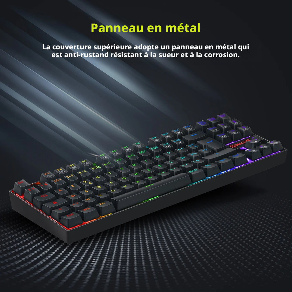 Redragon K552P-KR-FR Clavier mécanique TKL avec rétroéclairage RGB, compact, 88 touches, disposition AZERTY FR, interrupteur rouge - Noir