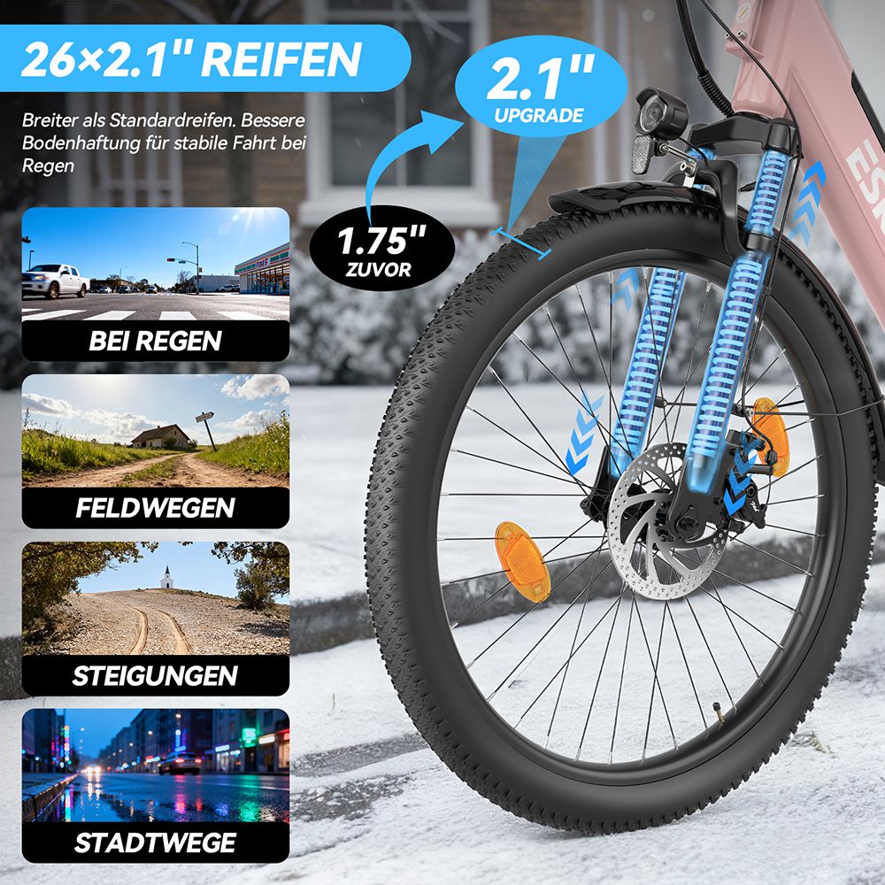ESKUTE C100 Plus Elektrofahrrad, 250W Motor, 36V 13Ah Batterie, 26 Zoll Reifen, 25 km/h Höchstgeschwindigkeit, 100 km Reichweite, Shimano 7-Gang, LCD-Display – Pink