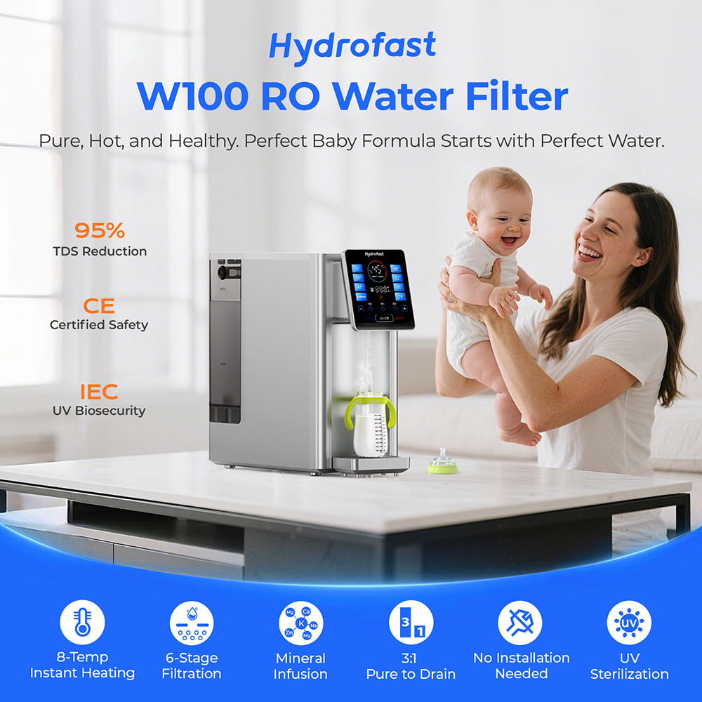 Hydrofast W100 Pultra szerelhető víztisztító meleg és szobahőmérsékletű vízzel, 8 hőmérséklet, meleg víz 3 másodperc alatt, 6 szintű fordított ozmózis szűrés, 15 szintű vízmennyiség, konyhába, irodába, hálószobába