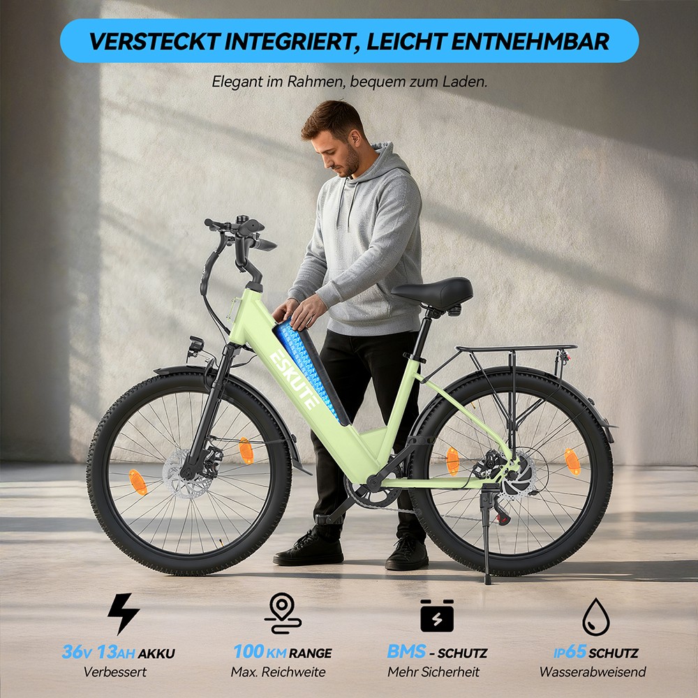 ESKUTE C100 Plus Elektrofahrrad, 250W Motor, 36V 13Ah Batterie, 26 Zoll Reifen, 25 km/h Höchstgeschwindigkeit, 100 km Reichweite, Shimano 7-Gang, LCD-Display - Grün