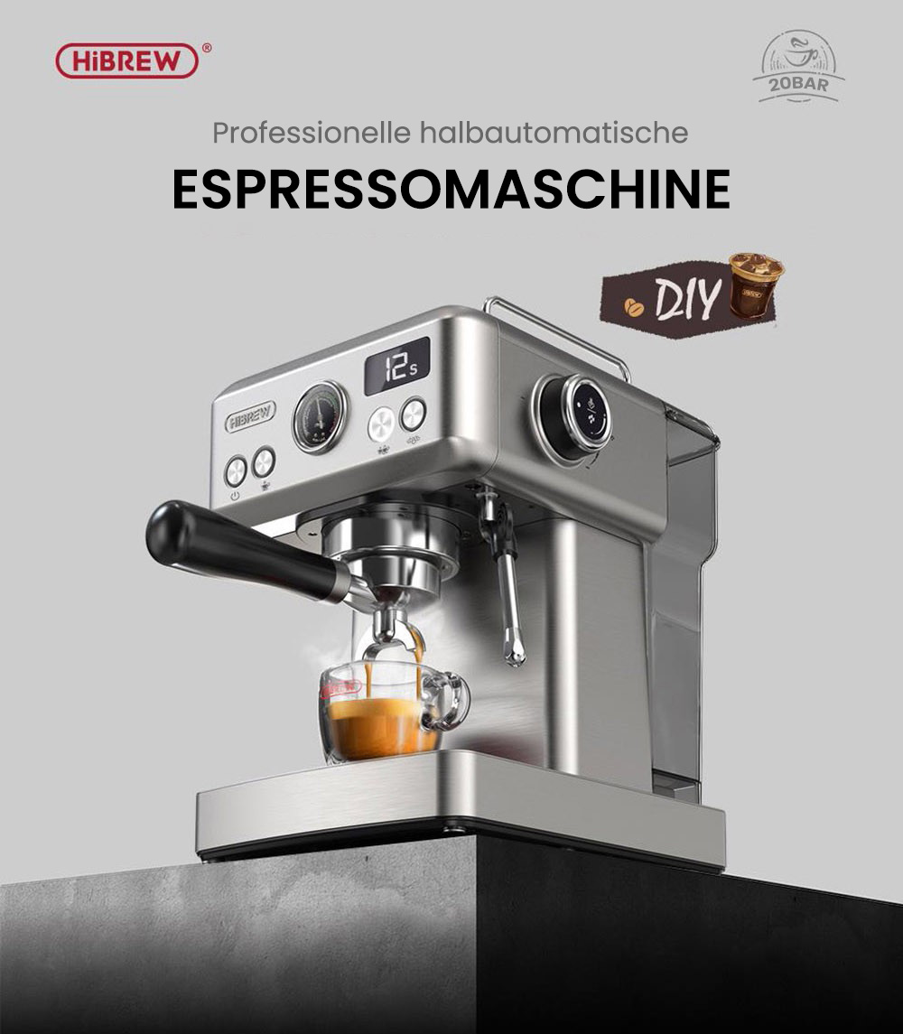 HiBREW H10A Halbautomatische Espressomaschine, 19 Bar Druck, Milchaufsch&auml;umer, Temperatur einstellbar, 58 mm Kaffeestampfer, 350 ml Krug, Tassenw&auml;rmer, Kalt-/Hei&szlig;kaffeemaschine