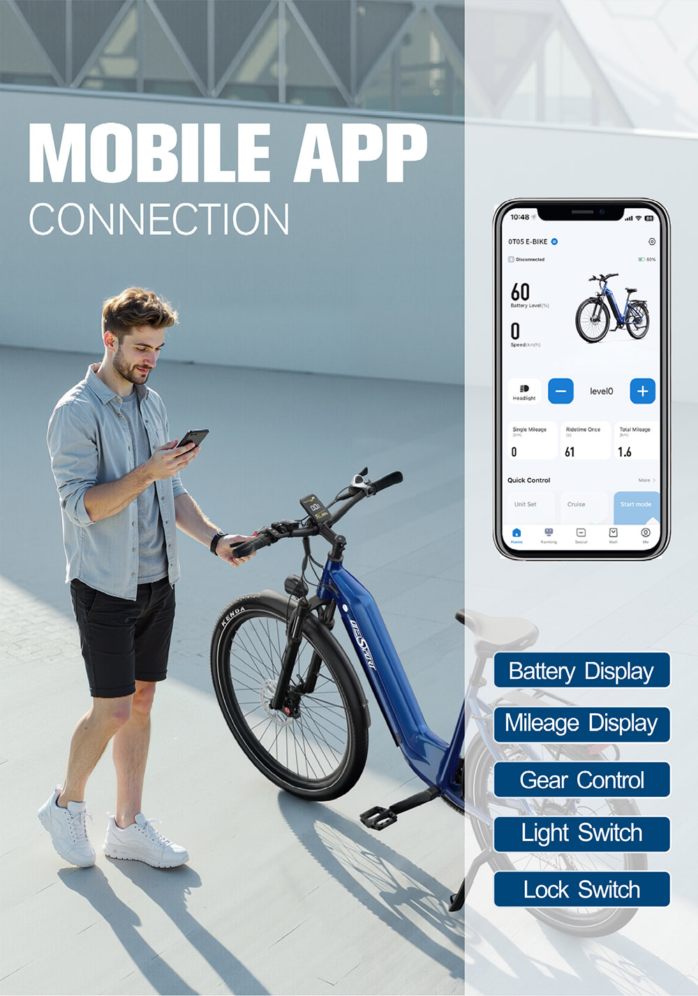 Vélo électrique Onesport OT05 27,5" Cadre en aluminium Batterie 36V 18,2Ah Moteur ANANDA 250W Capteur de couple 25km/h Shimano 7 vitesses 60-120KM Portée maximale Disque à huile Charge maximale 100kg - Bleu profond