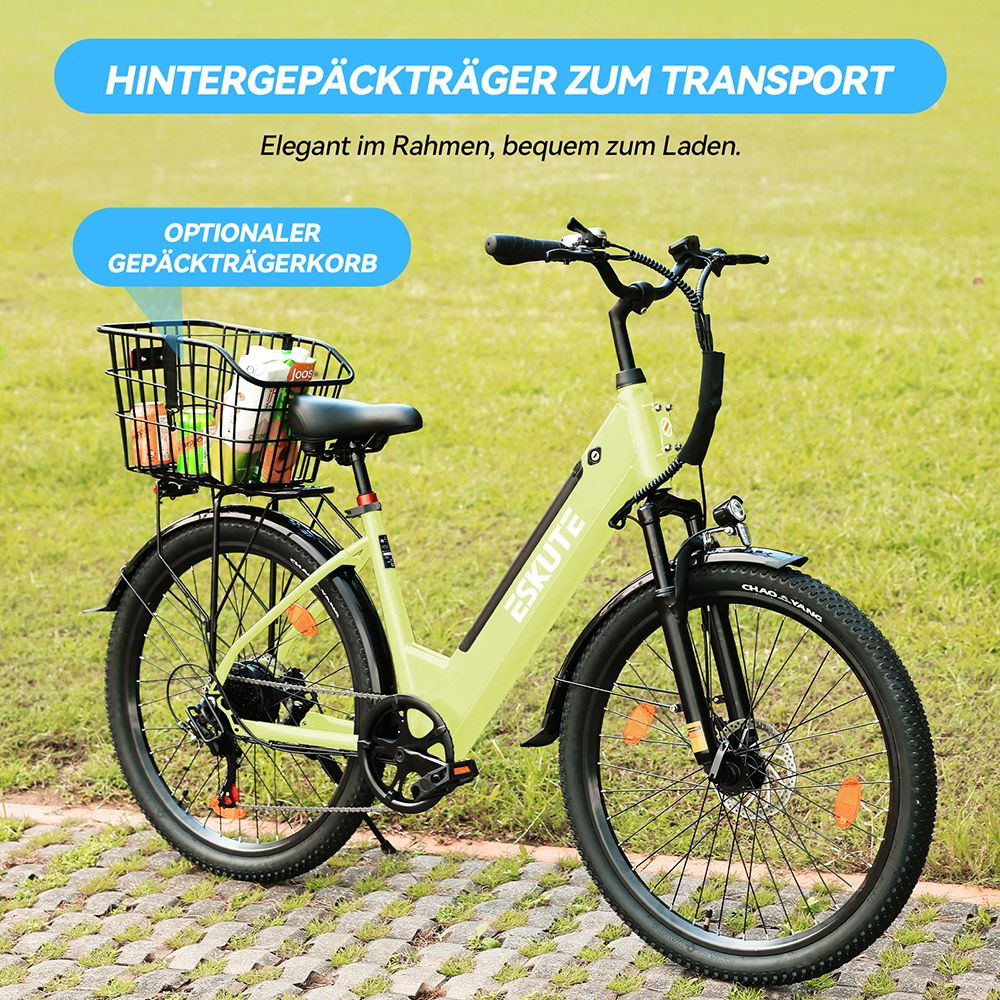 ESKUTE C100 Plus Elektrofahrrad, 250W Motor, 36V 13Ah Batterie, 26 Zoll Reifen, 25 km/h Höchstgeschwindigkeit, 100 km Reichweite, Shimano 7-Gang, LCD-Display - Grün