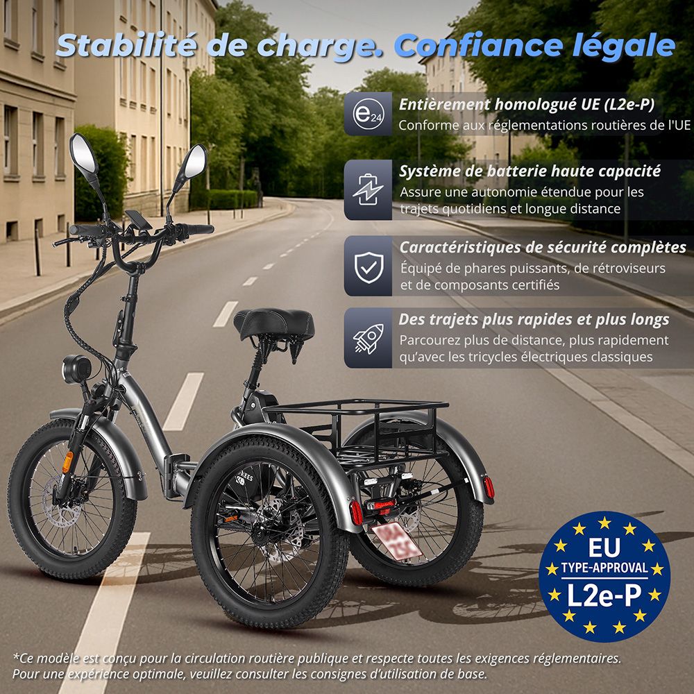 Fafrees F20 Mate Tricycle cargo électrique version certifiée EU L1e-B, moteur 500W, batterie 48V 21Ah, pneus 20*3 pouces, vitesse maximale 30 km/h, autonomie maximale 115 km, frein à disque hydraulique, système de suspension triple, écran LCD - Bleu