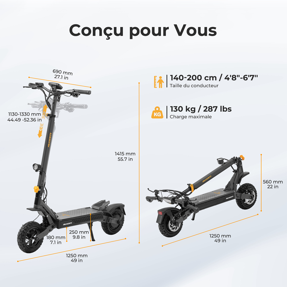 Ausom L1 Max Trottinette &eacute;lectrique, moteur 1000 W, batterie 48 V 20,8 Ah, pneus 10 pouces, vitesse maximale 50 km/h, autonomie 90 km, double frein &agrave; disque, suspension &agrave; ressort &agrave; bras oscillant, d&eacute;verrouillage NFC et par code