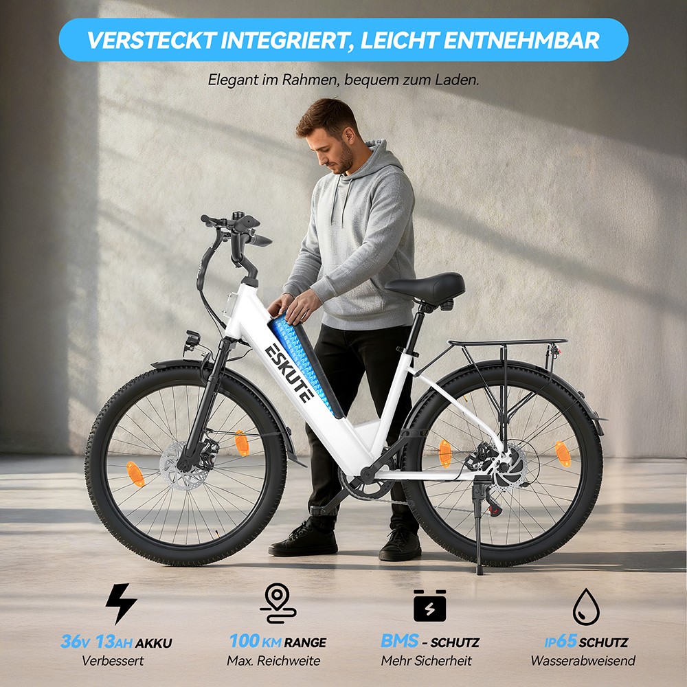 ESKUTE C100 Plus Elektrofahrrad, 250W Motor, 36V 13Ah Batterie, 26 Zoll Reifen, 25 km/h Höchstgeschwindigkeit, 100 km Reichweite, Shimano 7-Gang, LCD-Display - Weiß