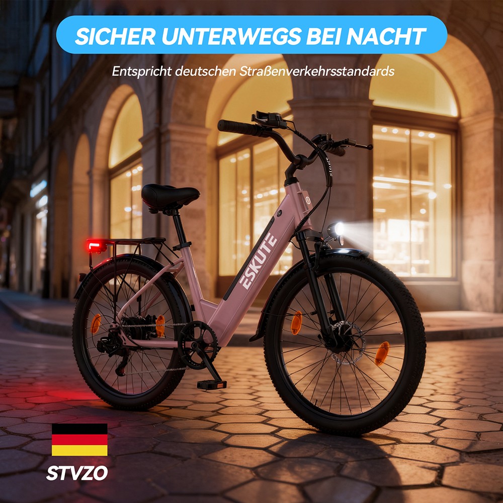 ESKUTE C100 Plus Elektrofahrrad, 250W Motor, 36V 13Ah Batterie, 26 Zoll Reifen, 25 km/h Höchstgeschwindigkeit, 100 km Reichweite, Shimano 7-Gang, LCD-Display – Pink