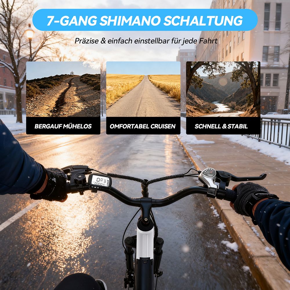 ESKUTE C100 Plus Elektrofahrrad, 250W Motor, 36V 13Ah Batterie, 26 Zoll Reifen, 25 km/h Höchstgeschwindigkeit, 100 km Reichweite, Shimano 7-Gang, LCD-Display - Weiß