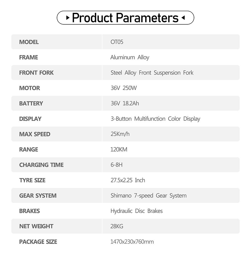 Vélo électrique Onesport OT05 27,5" Cadre en aluminium Batterie 36V 18,2Ah Moteur ANANDA 250W Capteur de couple 25km/h Shimano 7 vitesses 60-120KM Portée maximale Disque à huile Charge maximale 100kg - Bleu profond