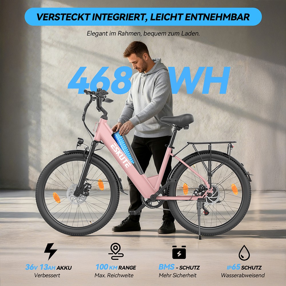 ESKUTE C100 Plus Elektrofahrrad, 250W Motor, 36V 13Ah Batterie, 26 Zoll Reifen, 25 km/h Höchstgeschwindigkeit, 100 km Reichweite, Shimano 7-Gang, LCD-Display – Pink