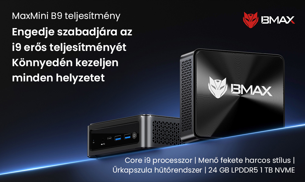 BMAX B9 Power Mini PC, Intel Core i9-12900H 14 mag, max. 5,0 GHz, 32 GB RAM, 1 TB SSD, DP+HDMI+C t&iacute;pus&uacute; 4K h&aacute;romkijelző, dinamikus HDR t&aacute;mogat&aacute;s, WiFi 6, Bluetooth 5.2, 2*USB 3.2, 2*USB 2.0, 1*RJ45, 1*3,5 mm-es fejhallgat&oacute;-csatlakoz&oacute;, Space Capsule hűtőrendszer