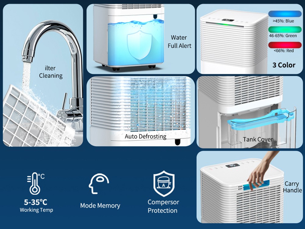 HUMILABS 12L Déshumidificateur, réservoir d’eau de 2L, minuteur 24h, 3 modes, vidange automatique/manuelle, écran tactile LED, faible bruit