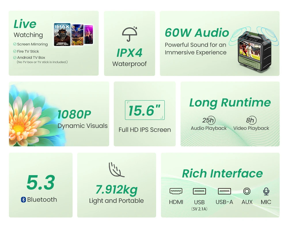 Monster Vmay 1080P k&uuml;lt&eacute;ri 60W Bluetooth hangsz&oacute;r&oacute; kombin&aacute;ci&oacute;, FM r&aacute;di&oacute;, 15,6 h&uuml;velykes kijelző, 8 &oacute;ra videolej&aacute;tsz&aacute;s, 25 &oacute;ra hanglej&aacute;tsz&aacute;s, HDMI/mikrofon/USB