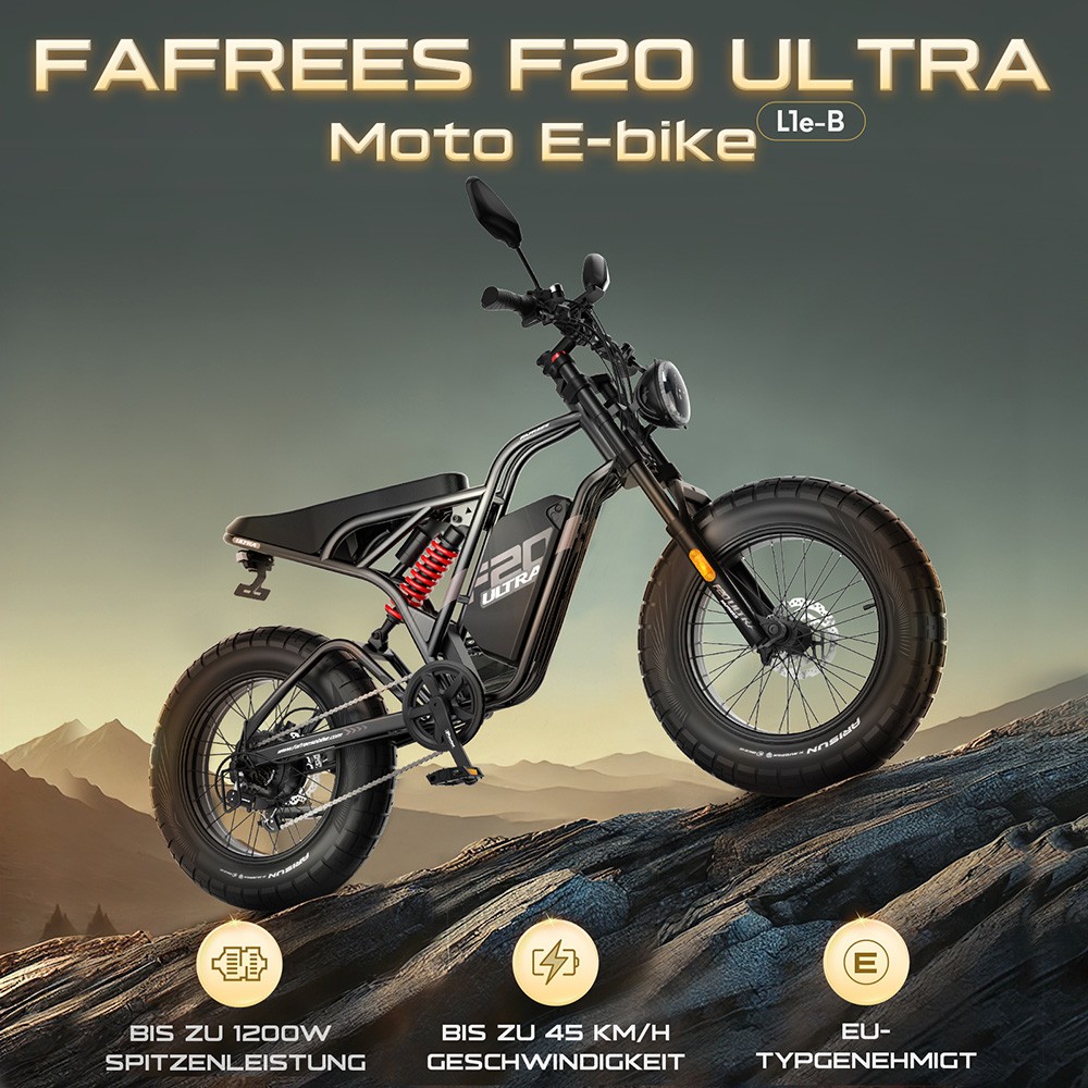 Fafrees F20 Ultra Elektrofahrrad EU L1e-B Zertifizierte Version, 750W Motor, 48V 25Ah Batterie, 20*5 Zoll Reifen, 45km/h Maximalgeschwindigkeit, 140km Maximalreichweite, Hydraulische Scheibenbremsen, Hydraulische Federung, LCD-Display, Shimano 7-Gang - Schwarz
