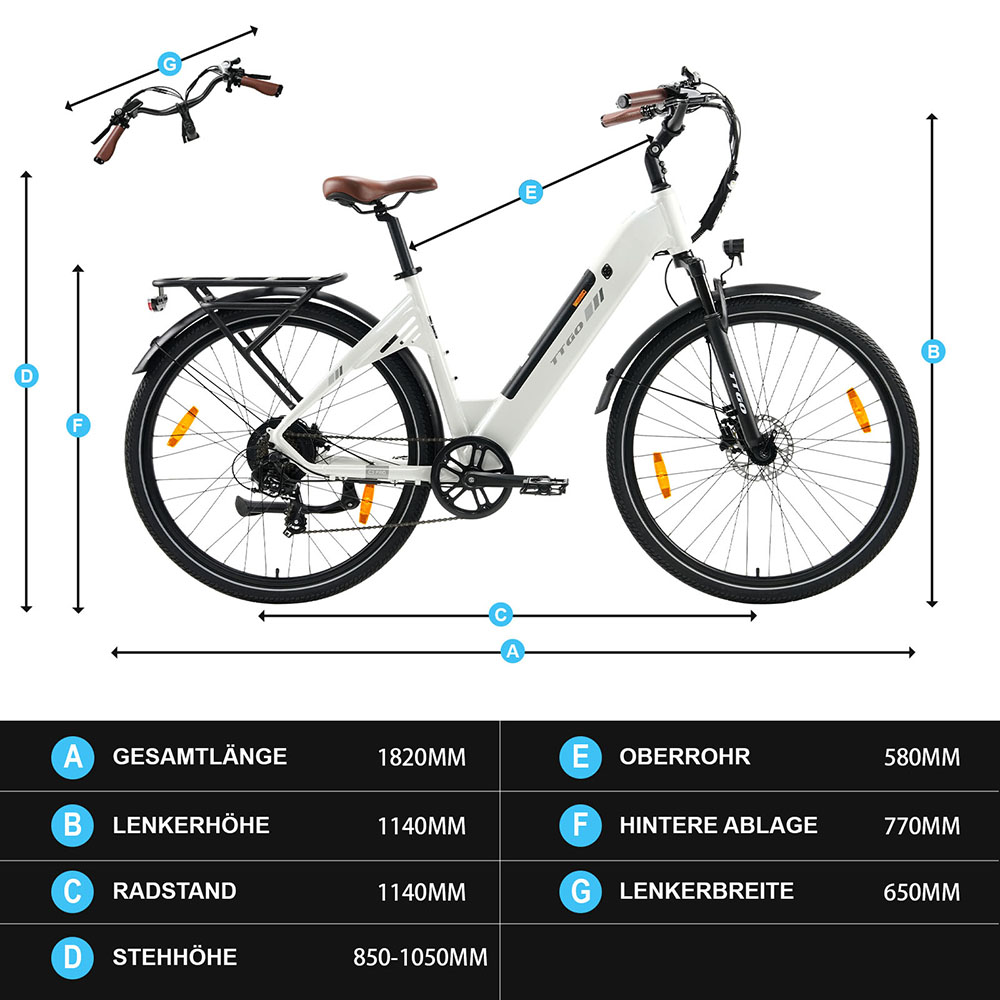 TTGO C3 Pro Elektrofahrrad, 250W Motor, 36V 20Ah Batterie, 28 Zoll Reifen, 25 km/h Höchstgeschwindigkeit, 120 km maximale Reichweite, hydraulische Scheibenbremse, Federgabel, Drehmomentsensor, Shimano 7-Gang, LCD-Display - Weiß