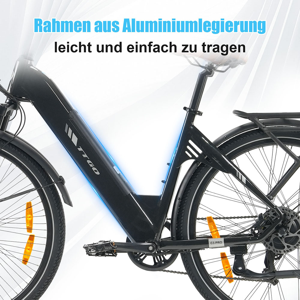 TTGO C3 Pro Elektrofahrrad, 250W Motor, 36V 20Ah Batterie, 28 Zoll Reifen, 25 km/h Höchstgeschwindigkeit, 120 km maximale Reichweite, hydraulische Scheibenbremse, Federgabel, Drehmomentsensor, Shimano 7-Gang, LCD-Display - Schwarz