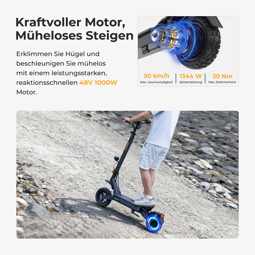 Ausom L1 Max Elektroroller, 1000-W-Motor, 48-V-20,8-Ah-Akku, 10-Zoll-Reifen, 50 km/h H&ouml;chstgeschwindigkeit, 90 km Reichweite, Doppelscheibenbremse, Schwingarm-Federung, NFC- und Passcode-Entsperrung